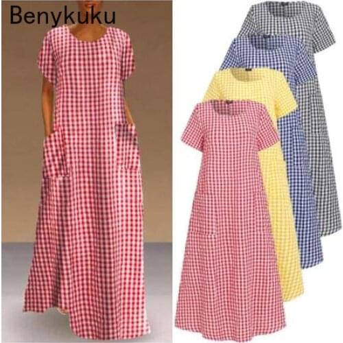 Women Summer Sundress Bohemian Plaid Printed Long Maxi Dresses 2021 Fashion Loose Casual Vestidos Beach Robe Femme Plus Size