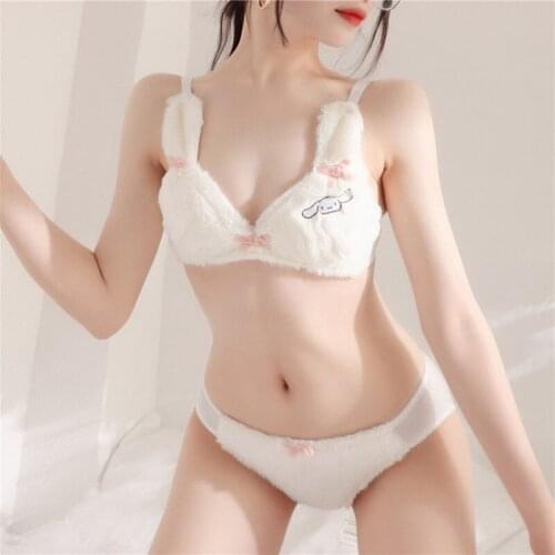 Winter Plush Japanese Anime Sweet No Steel Ring Bra and Panty Set Lolita Kawaii Girl Heart Rabbit Cute Sexy Cosplay Underwear