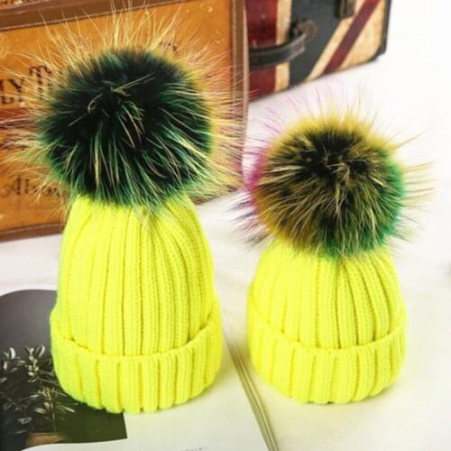 Winter Rainbow Color Real Fur Pompom Knitted Hats Kids Casual Thick Acrylic Striped Beanies Caps Girls