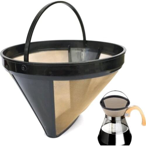 1pc Washable Handle Coffee Filter Reusable Stainless Steel Coffee Filter Cone-Style Refillable Gold Mesh Cafe Maker Machine Tool