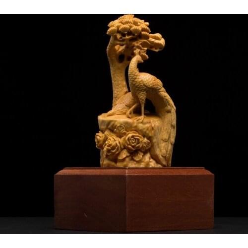 Wooden Peacock Animal Sculpture Boxwood Home Feng Shui Decorative Carving Craft Peacock Open Animal Wood Carving Decoration