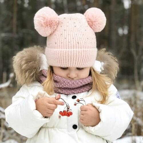 Baby Hat Crochet Double Pompom Hat For Girls Rhinstone Decorate Winter Children Girls Cap Warm Velvet Inside Kids Cap