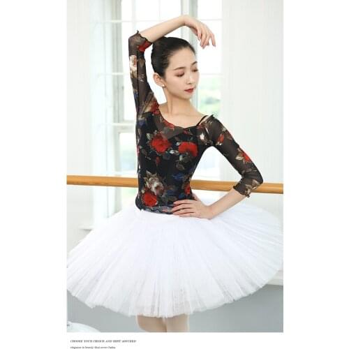 Women Printed Mesh Top Adult Ballet Wrap Dance Training Tops Gymnastic Suit Figure Dress Lyrical Dancewear Crop Dancing Costumes