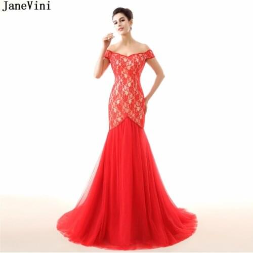 JaneVini Elegant Red Lace Mermaid Bridesmaid Dresses Off the Shoulder Beading Backless Tulle Sweep Train Dubai Arabic Prom Gowns