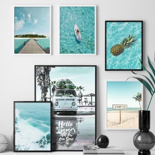 Canvas Painting Nordic Beach Surf Sea Car Coconut Tree Landscape Posters Print Wall Art Picture Modern Living Room Home Decor