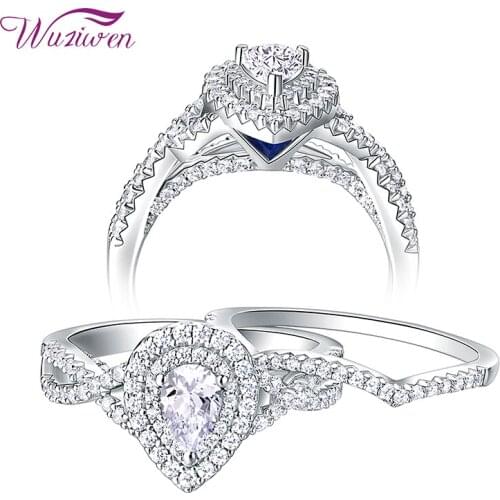 Wuziwen 925 Sterling Silver Halo Pear Shape 2 Pcs Wedding Ring Set For Women Promise Engagement Rings White Zircon Jewelry