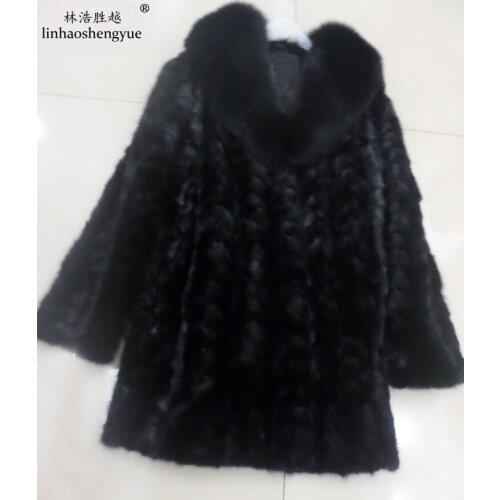 Linhaoshengyue 85cm Long Real Mink Fur Coat Fox Collar Long-Sleeve