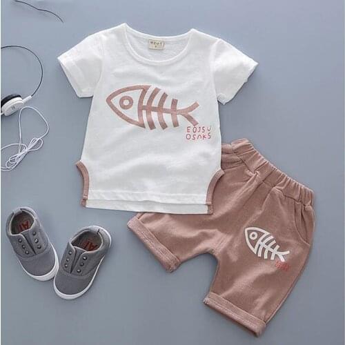 Oklady Fashion Children Short Sleeve T Shirt Suit Baby Boy Clothes Set Fish Bone Cotton T-shirt Shorts Children Clothing Set