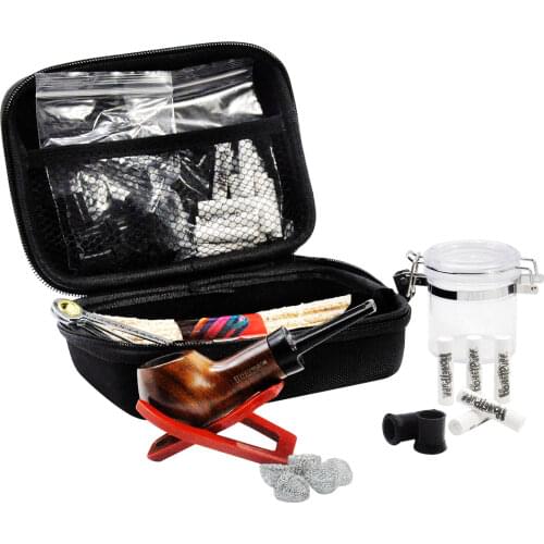 HORNET Tobacco Bag Set Wood Smoking Pipe + Metal Smoke Pipes Cleaning Tools + Stainless Steel Pipe Screens + Glass Storage Jar