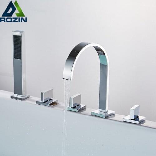 Deck Mounted Widespread Bathtub Faucet 3 Handles Bath Shower Mixers with Pull Out Handshower Chrome and Black Color
