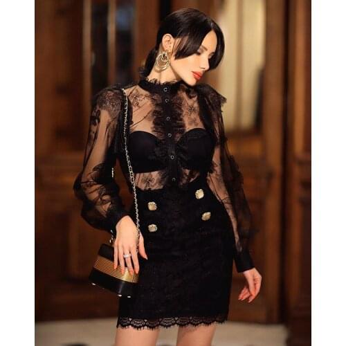 LUO XIAO HEI STORE 2021 New elegant lace shirt special cutting lady blouse dress