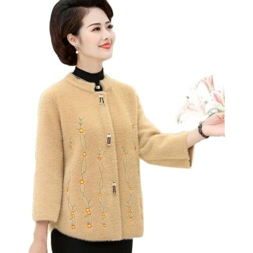 Mom Fall Winter Clothes Lmitate Mink Fleece Round Neck Button Embroidered Nine Points Sleeve Ms Thicken Woolen Ladies Jacket