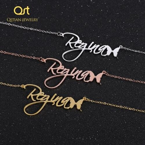 Personalized Butterfly symbol Cursive Name Nameplate Necklace & Pendants Stainless Steel Letters Handmade Necklaces For women