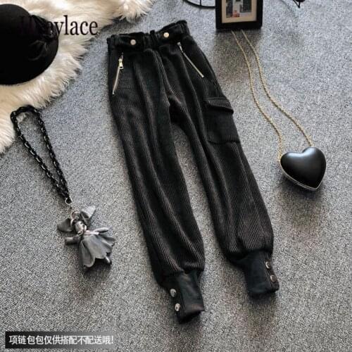 Plus Size Women corduroy high waist Harem Pants Autumn Winter Thicken Warm Sports Pants Double Pockets streetwear long pants