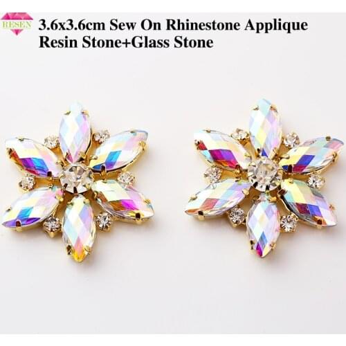 RESEN 3.6cm Flatback Crystal Glass Rhinestone Applique Gold Base bottom Sew On Claw Rhinestone DIY Rhinestone Garments