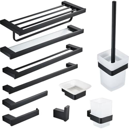 MTTUZK 304 stainless steel bath towel rack, towel bar, bathroom Shelf, matt black bathroom hardware set, robe hook,Toilet brush