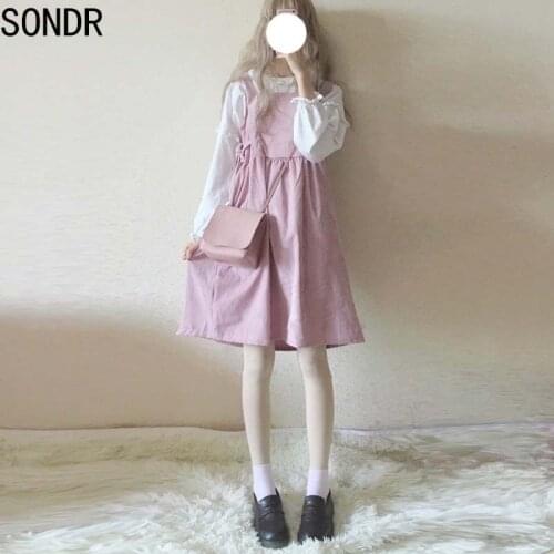 Vintage Kawaii Ulzzang Lace WomenS Casual Dresses Up Bow Tie Corduroy Dress Female Cute Kawaii Harajuku Lolita Clothing Female