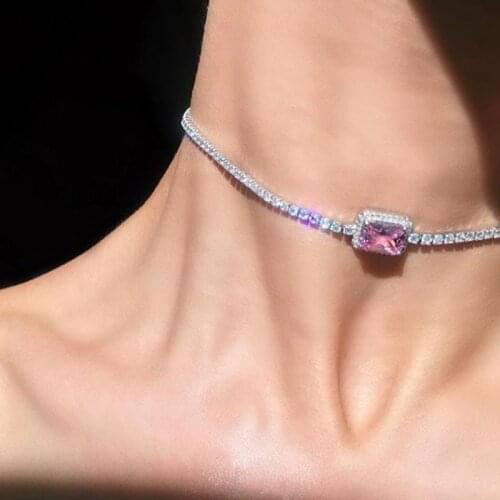 Vintage Shiny Pink Crystal Pendant Necklace For Women Metal Charm Harajuku Y2K Punk Cool Geometric Choker Necklace Jewelry Gifts