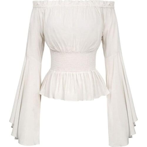 Womens Gothic Renaissance Blouse Flare Sleeves Ruffles Off Shoulder Corset Tops Medieval Victorian Cosplay Costume Pirate Shirt