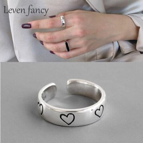 Vintage 925 Sterling Silver Love Heart Rings for Women Gift Bijoux Adjustable Finger Antique Engagement Rings Anillos Lady Band