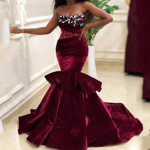 Burgundy Mermaid Prom Dress Beaded Flowers Evening Party Gowns Sweetheart Sweep Train Women Princess Party Wear