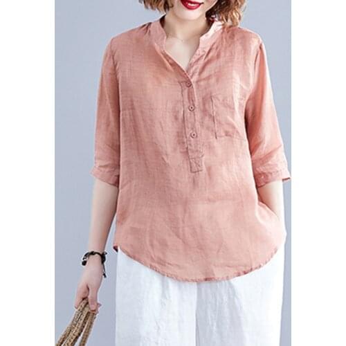 #2826 Blue Pink Vintage Blouse Shirt For Women Half Sleeves Plus Size Cotton Linen Blouse Female Loose Stand Collar Retro Blouse