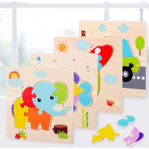 Kids Wooden 3D Puzzle Montessori Toy Early Education Cartoon Animal Learning Jigsaw Puzzle Wood Toy For Children 2 to 4 Year old
