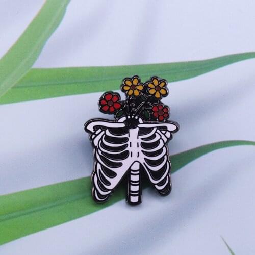 Skeleton with flowers Enamel Pins Halloween pin Badge Goth Punk Jewelry