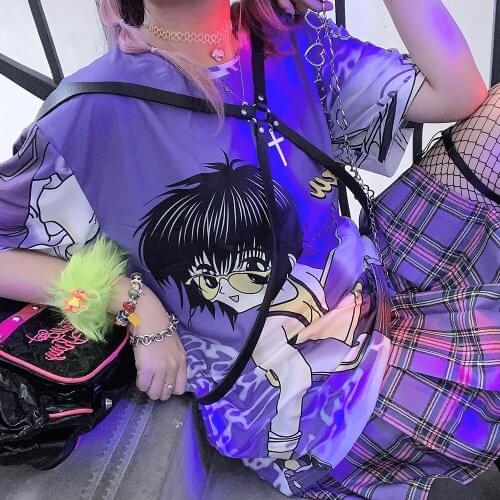 Yuansu Second Dimension Local Cool Girl Cartoon Creative Summer Street Round Neck Short Sleeve Loose T-shirt Tees Kawaii Student