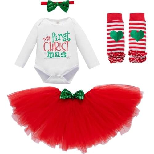 Infant Baby Girls Christmas Clothes Set, Printed Pattern Romper, Yarn Skirt, Headdress and Leg Warmers