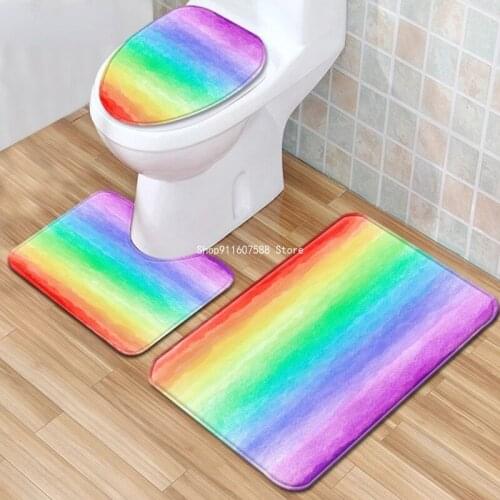 Toilet Mat in the Bathroom Rainbow Print Bath Mat for Toilet Seat Cushion Waterproof AntiSlip Foot Rug Set Shower Carpet Set
