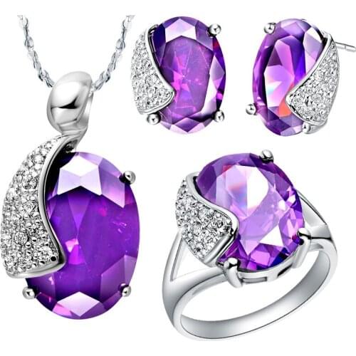 Pendant necklace Earrings ring white gold purple crystal set 925 Sterling suit made in jewelry set Luxury Girls