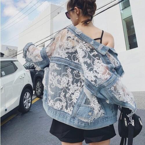 Spring summer Fashion Women Hole Denim Jackets Coat Jean Patchwork Lace Embroidery Thin Loose Jackets