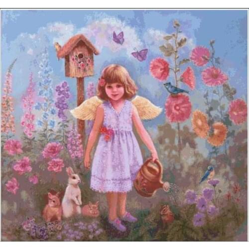 Cute girl and Bunny Cross Stitch Kits Counted Needlework Embroidery Crafts 14ct Unprinted DIY Arts Handmade Home Decor