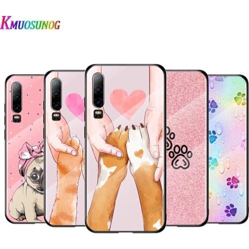 Cute Paw Print Dog For Huawei P40 P30 P20 P10 Pro Plus Lite 5G 2019 Tempered Glass Cover Shell Luxury Phone Case