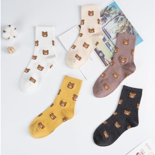 1 Pair of Cute Cartoon Womens Pure Cotton Socks Funny Harajuku Breathable Bear Lend Elastic Warm Wear Resistant Sock