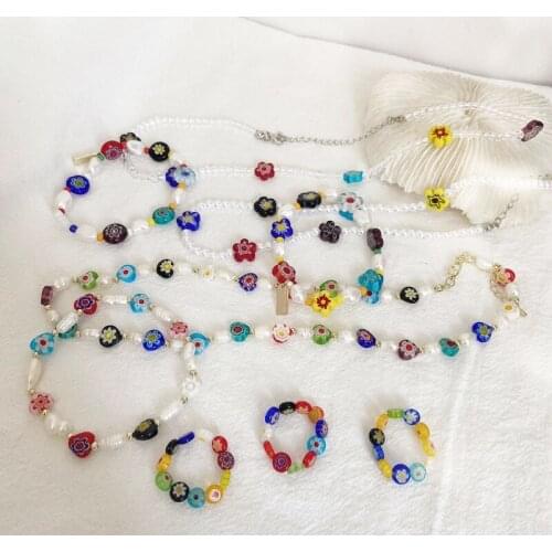 Harajuku Colorful Rainbow Beads Choker Necklace Y2K Trendy Fashion Korean Flower Irregular Pendant Necklace Beads For Jewelry