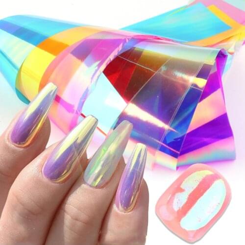 8pcs Aurora Film Broken Glass Nail Foils Film Sticker Transfer Paper Holographic Nail Art Stickers Decals Slider 3d Charms