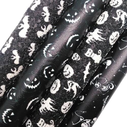 Halloween Bats Pumpkins Skeletons Printed Glitter Faux Leather Synthetic Faux Fabric Felt Backing for Bows DIY 21X29CM KM587