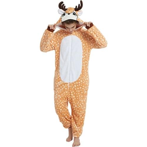 Sika Deer Kigurumis Onesie Women Adult Winter Sleepwear Lovely Cute Cartoon Animal Flannel Pajama Festival Carnival Party Fancy