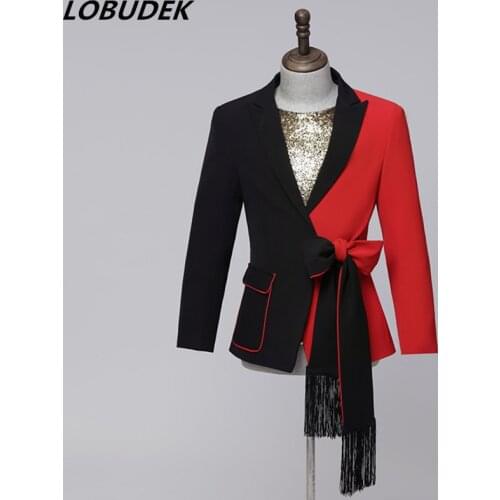 Splicing Design Red Black Slim Blazers Bar Stage Nightclub Male Singer Star Performance Suit Jackets Host Casual Coat Plus Size