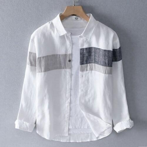 2019 Mens 100% linen stitching casual shirt trend square collar flax shirts men brand spring long sleeve fashion shirt male