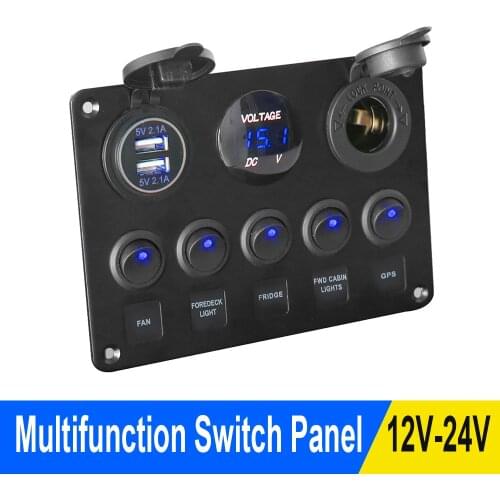 5 Gang Car Marine LED Rocker Switch Panel 12-24V Digital Voltmeter Dual USB Port Outlet Combination For Car RV Truck ATV UTV