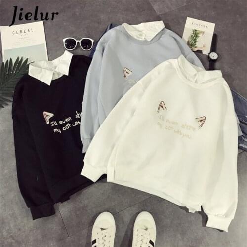 Jielur 2021 Harajuku Hoodie Women Fleece Chic Sweatshirt Kawaii Long Sleeve Fake Two Pieces Embroidery Hoodies Mujer M-XXL