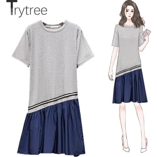 Trytree 2021 Summer Womens Dresses Casual O-Neck Cotton Blend Panelled 2 Colors A-line Ruffled Hem Oversize Loose Straight Dress