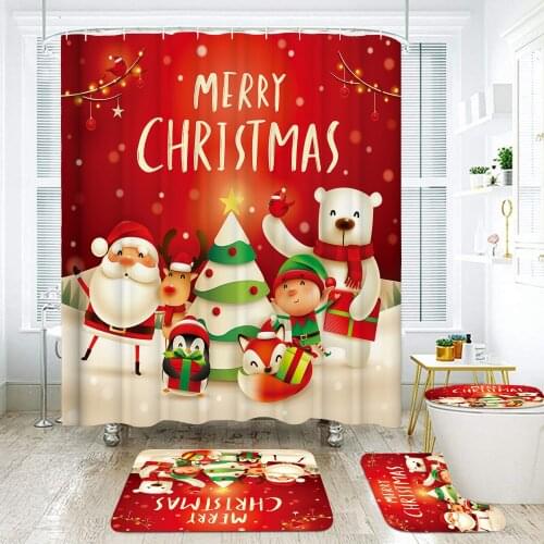 Christmas Cartoon Animal Family Snowman Santa Claus Elk Penguin Waterproof Bath Shower Curtain Toilet Cover Mat Non Slip Rug Set