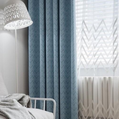 Nordic Fresh Blue V Pattern Jacquard Shefney Curtain Finished Custom Shading Curtains for Living Dining Room Bedroom