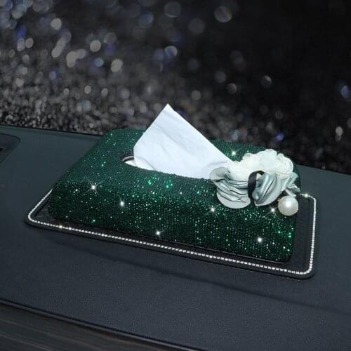 Green Napkin Container with Rhinestone Car Armrest Tissue Box Block Elegant Tissue Paper Holder Ornament for Car for Home