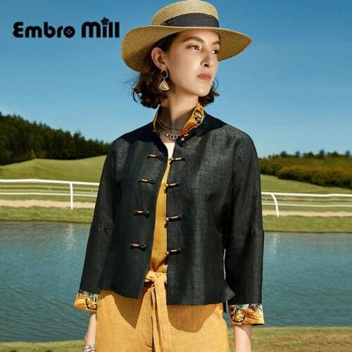 High-End Custom Small Stand Collar Silk Jacket Women Autumn New Chinese Style Wrist Sleeve Embroidered Stitching Lady Top S-XL