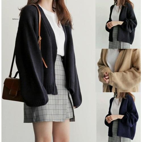 Womens Sweaters Cardigans Autumn Winter New Casual Solid V-Neck Open Stitch Loose Sweater Jacket Female Knit Coat